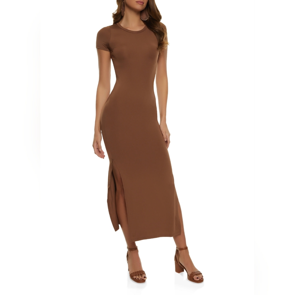 Brown Short Sleeve Bodycon Midi Dress M/L
